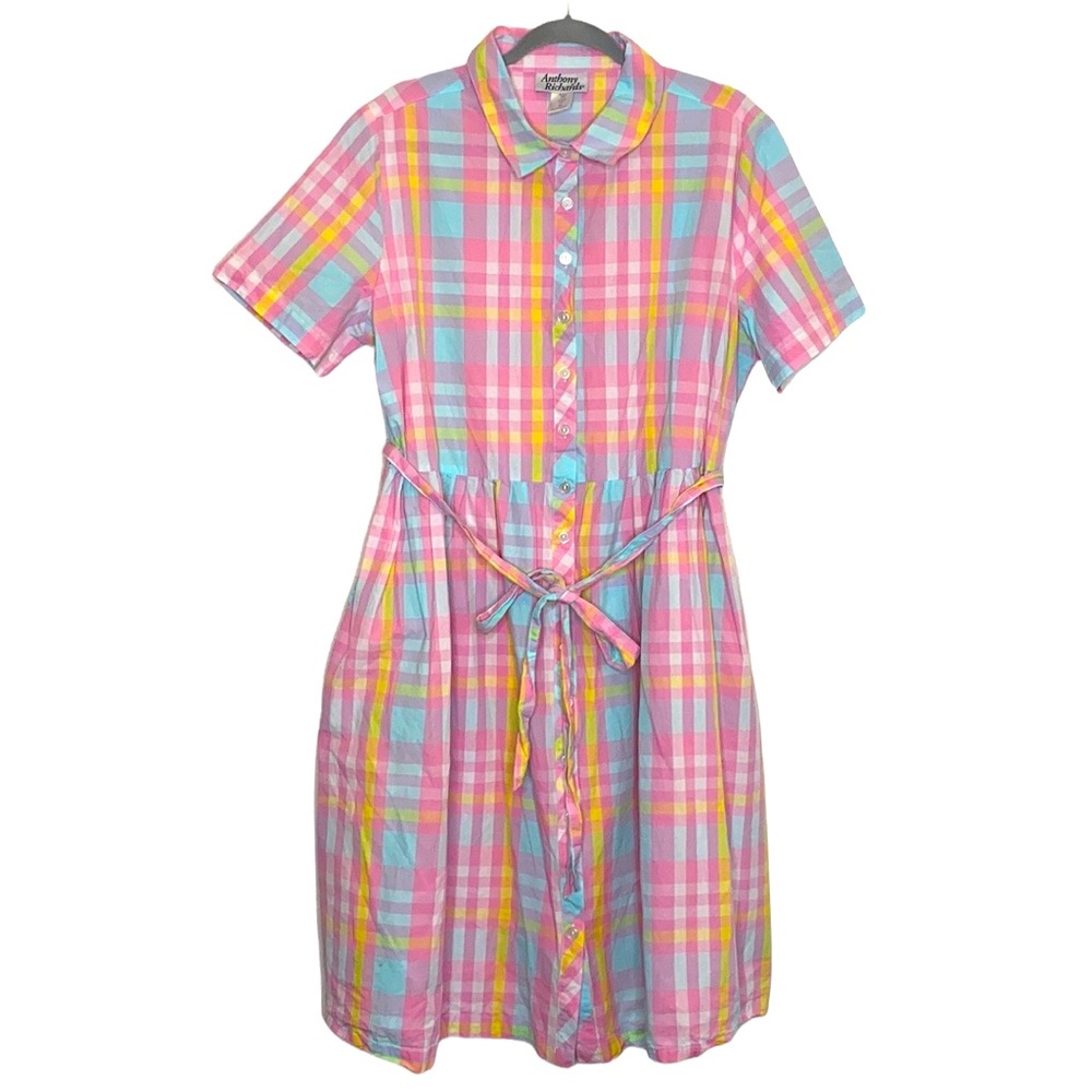 Anthony Richards Pink Plaid Button-Front Midi Dress with Blue & Yellow Accents